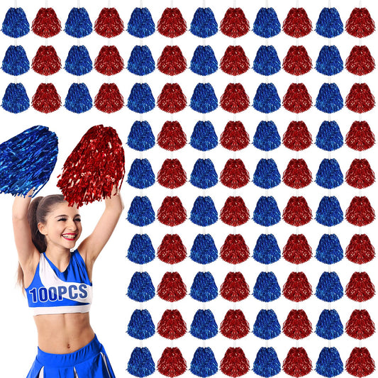 Metallic Foil Cheerleading Pom Poms – 100 Pack, Blue & Red