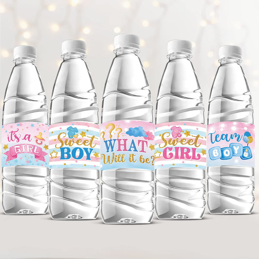 He or She Gender Reveal Water Bottle Labels – 39 Pack