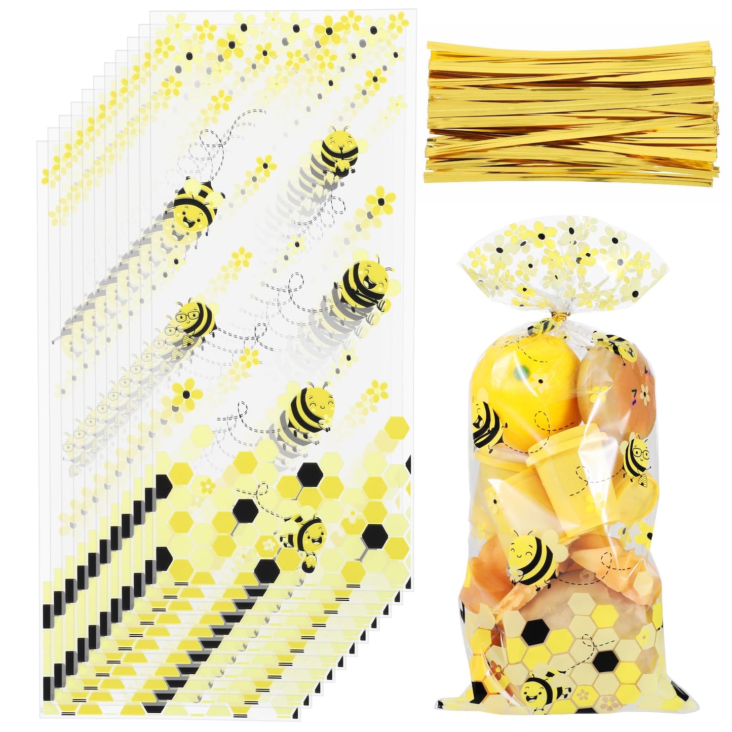 Honey Bee Party Treat Bags with Gold Twist Ties – 100 Pack