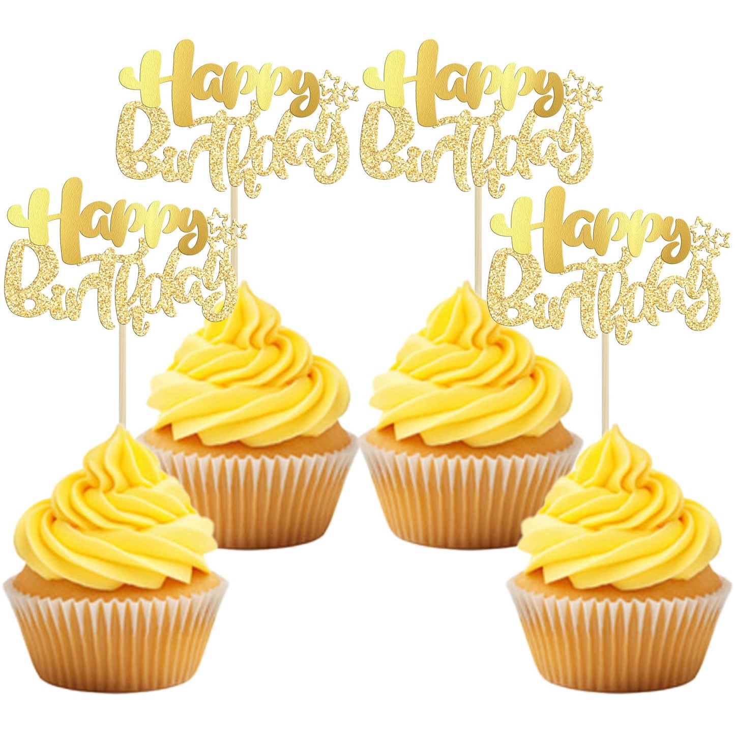 Gold Glitter Happy Birthday Cupcake Toppers - 24 ct