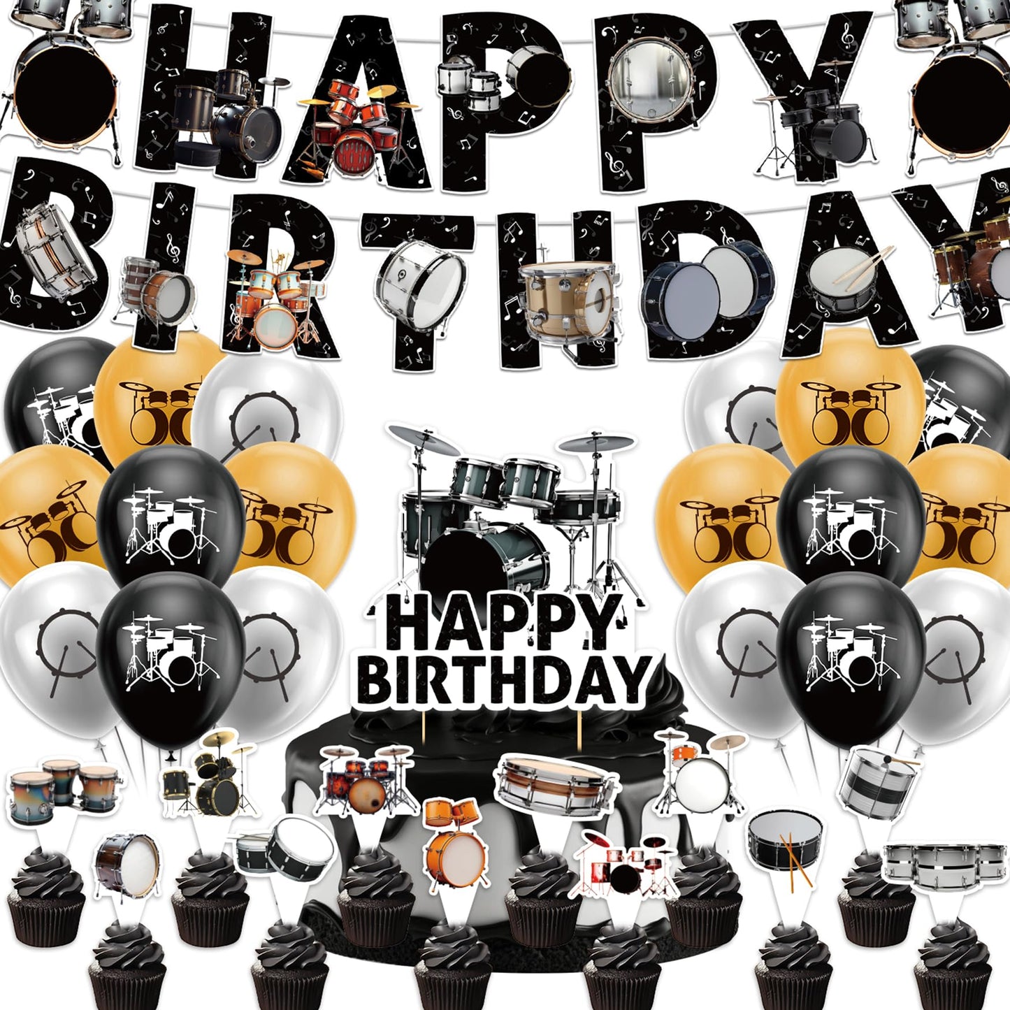 Drum Party Supplies Music Drum Birthday Party Decorations Includes Drums Happy Birthday Banner Cake Topper Cupcake Toppers Balloons for Drummers Birthday Party Baby Shower Decorations
