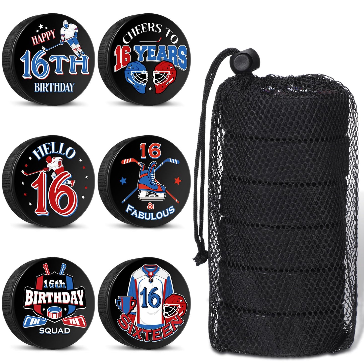 Seenelling 6 Pack Ice Hockey Pucks with Mesh Bag Personalized Hockey Puck 6oz Rubber Hockey Pucks Black Hockey Diameter 3" Thickness 1" for Outdoor and Ice Practice(16th Birthday)