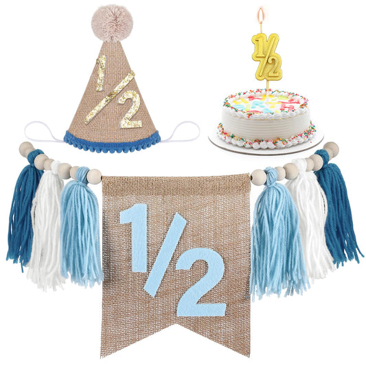 Blue 1/2 Birthday Supplies Set – High Chair Banner, Hat & Cake Topper