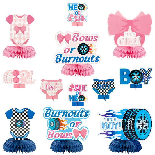 Gender Reveal Honeycomb Centrepieces – 12 Piece, Car & Bow Tie