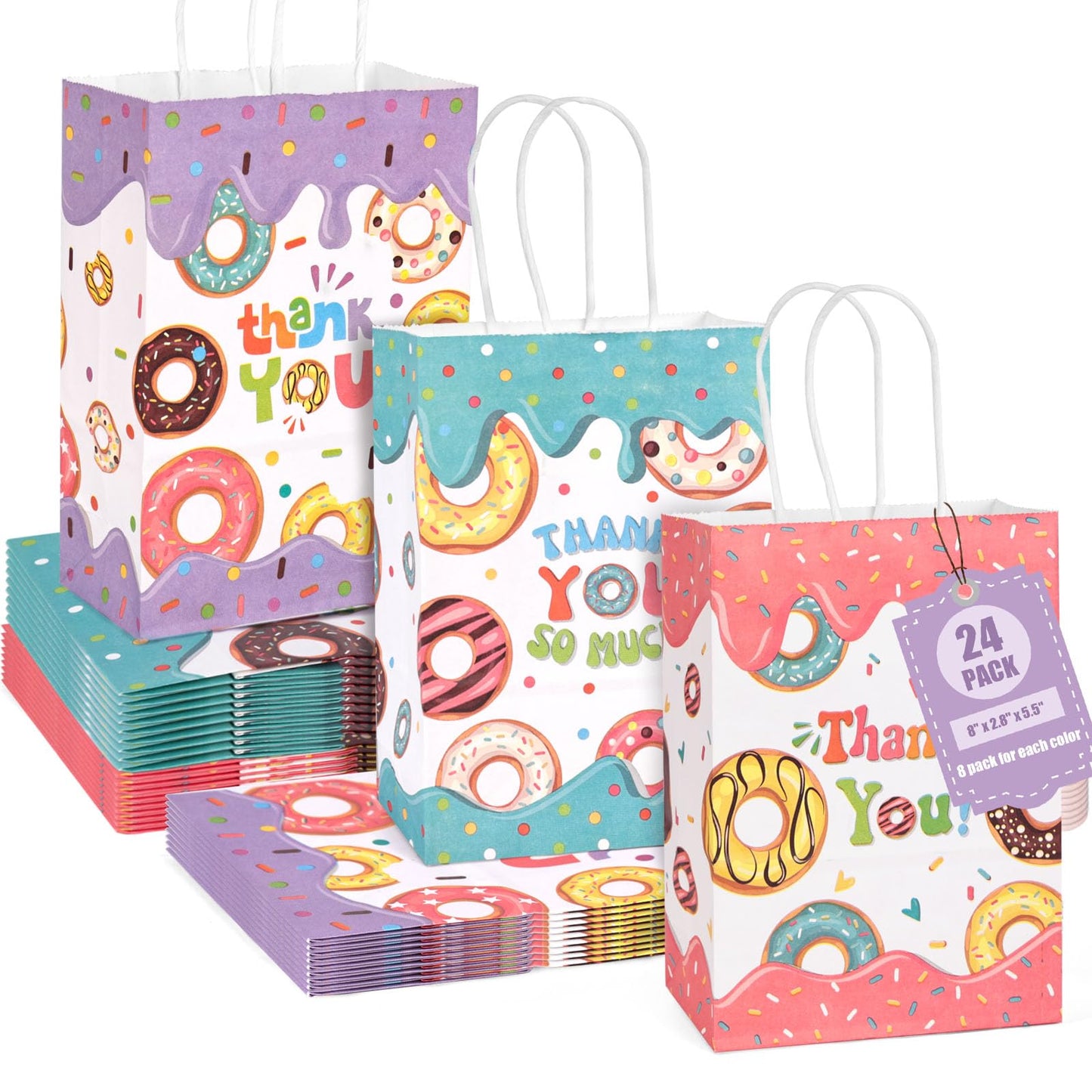 Donut Party Favour Gift Bags with Handles – 24 Pack