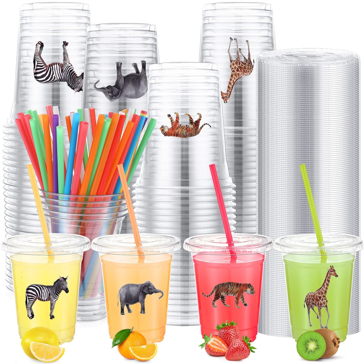 Safari Animal 12oz Plastic Party Cups with Lids & Straws – 100 Set