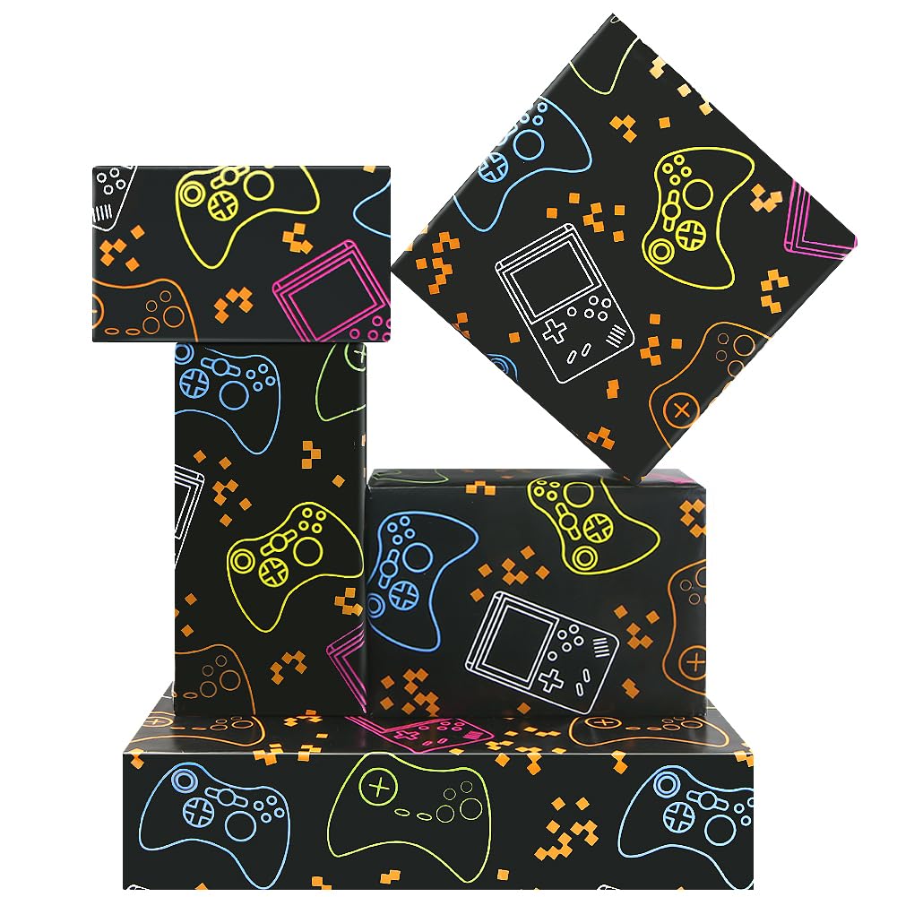 Neon Gaming Birthday Wrapping Paper – 4 Sheets