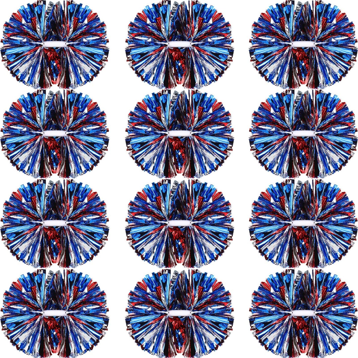 Metallic Foil Cheerleading Pom Poms – 12 Pack, Blue Red Silver, 14 Inch