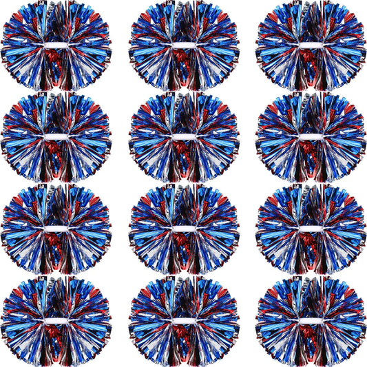 Metallic Foil Cheerleading Pom Poms – 12 Pack, Blue Red Silver, 14 Inch
