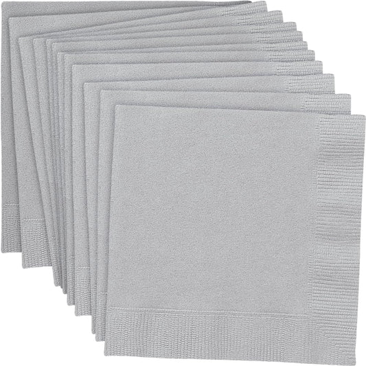 Silver Solid 3-Ply Beverage Napkins
