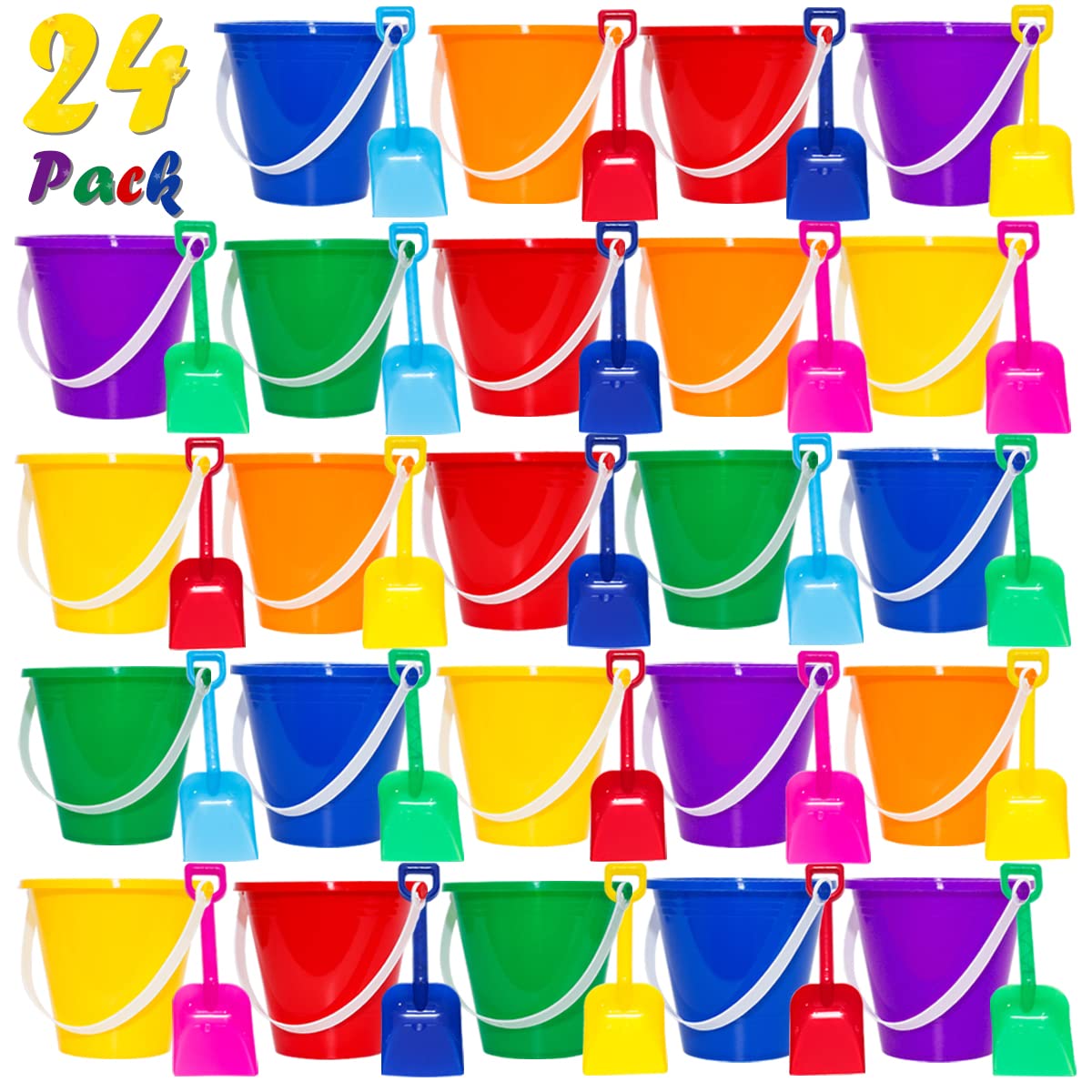 Holady 5 Inch Sand Beach Buckets Pail with Beach ShovelsSand Bucket Water Bucket for Beach Fun Great Summer Party Accessory(24 Bucket+24 Shovels)
