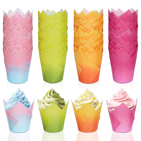 Whaline 200Pcs Bicolor Gradient Tulip Cupcake Liners Greaseproof Muffin Baking Liners Spring Easter Tulip Cupcake Wrappers Baking Cups for Bridal Shower Wedding Birthday Party Decor