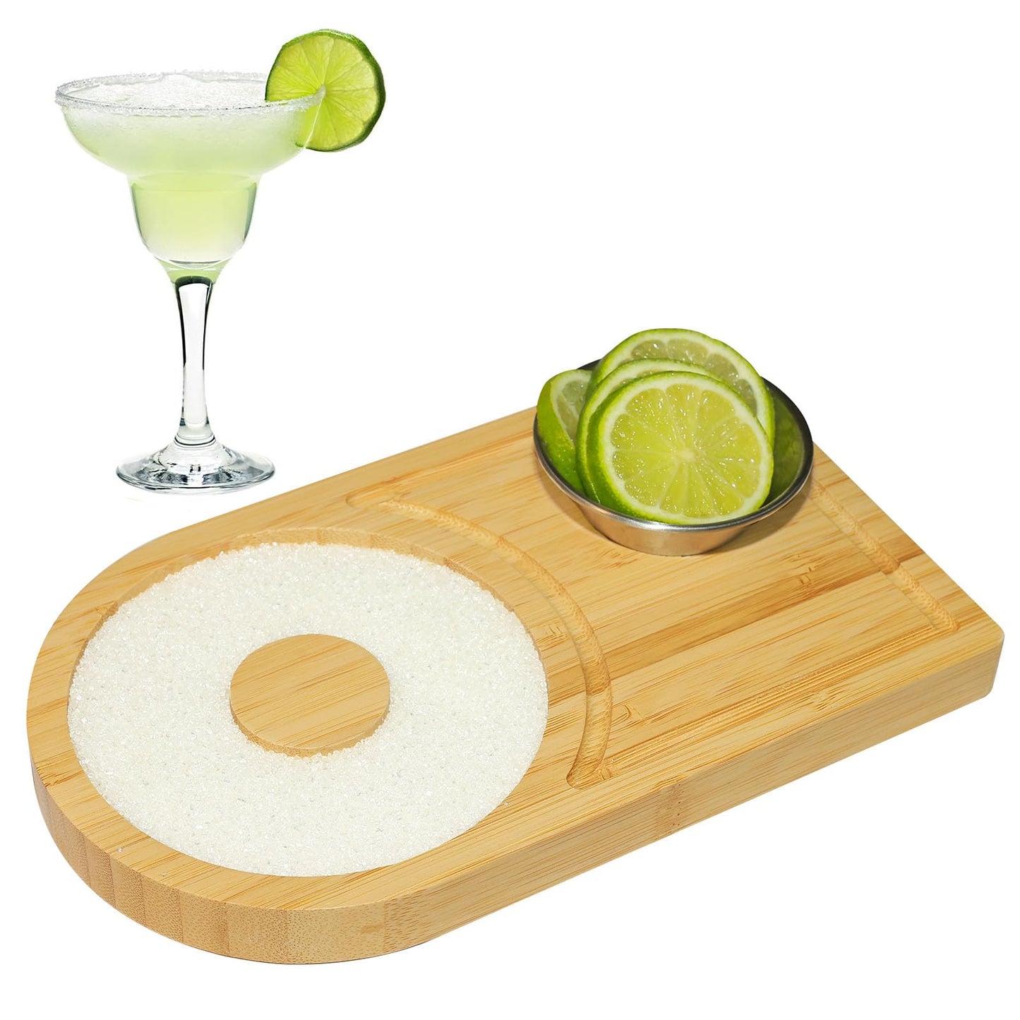 CPOTAM Margarita Salt Rimmer Set Bamboo Margarita Rimmer Set with Bowl & Room for Margarita Accessories Margarita Sugar Rimmer for Cocktails for up to 4.7" Rims