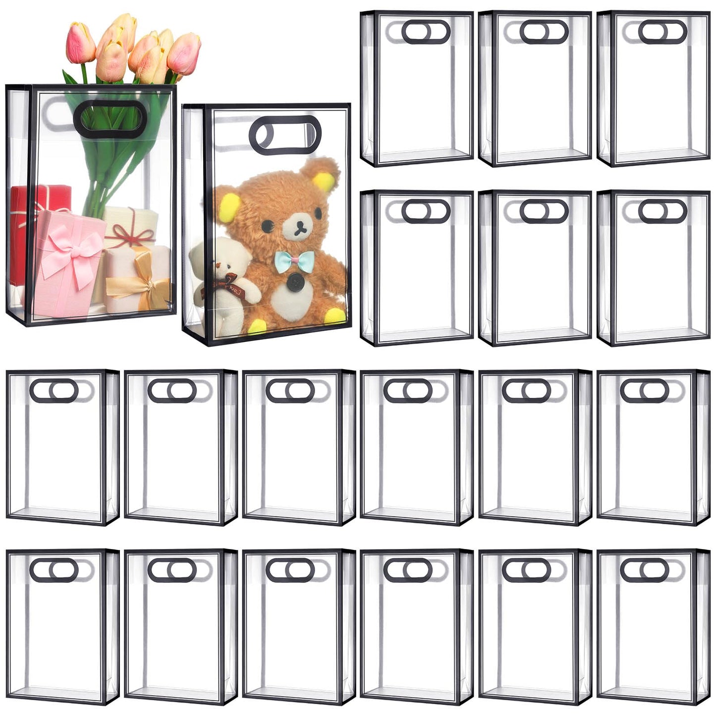 Black Trim Clear PVC Plastic Gift Bags with Handles – 20 Pack