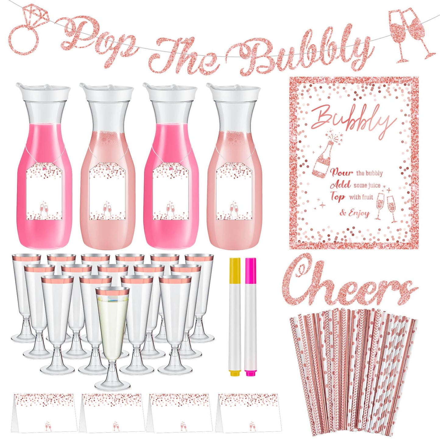 Sunnychicc 99 Pcs Mimosa Bar Supplies Bridal Shower Decorations 34 oz Plastic Water Carafe with Lids Plastic Champagne Flutes with Straws the Bubbly Banner for Rose Gold Bachelorette Mimosa Party