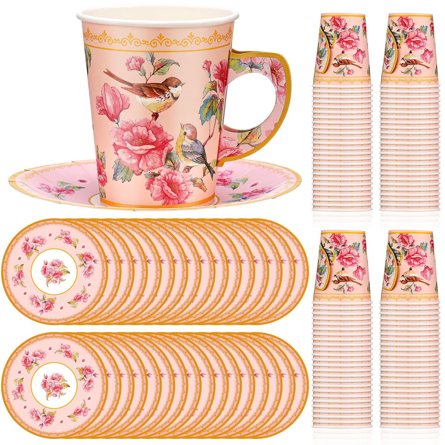 Floral Bird Paper Tea Cups & Saucers – 100 Piece, 9oz