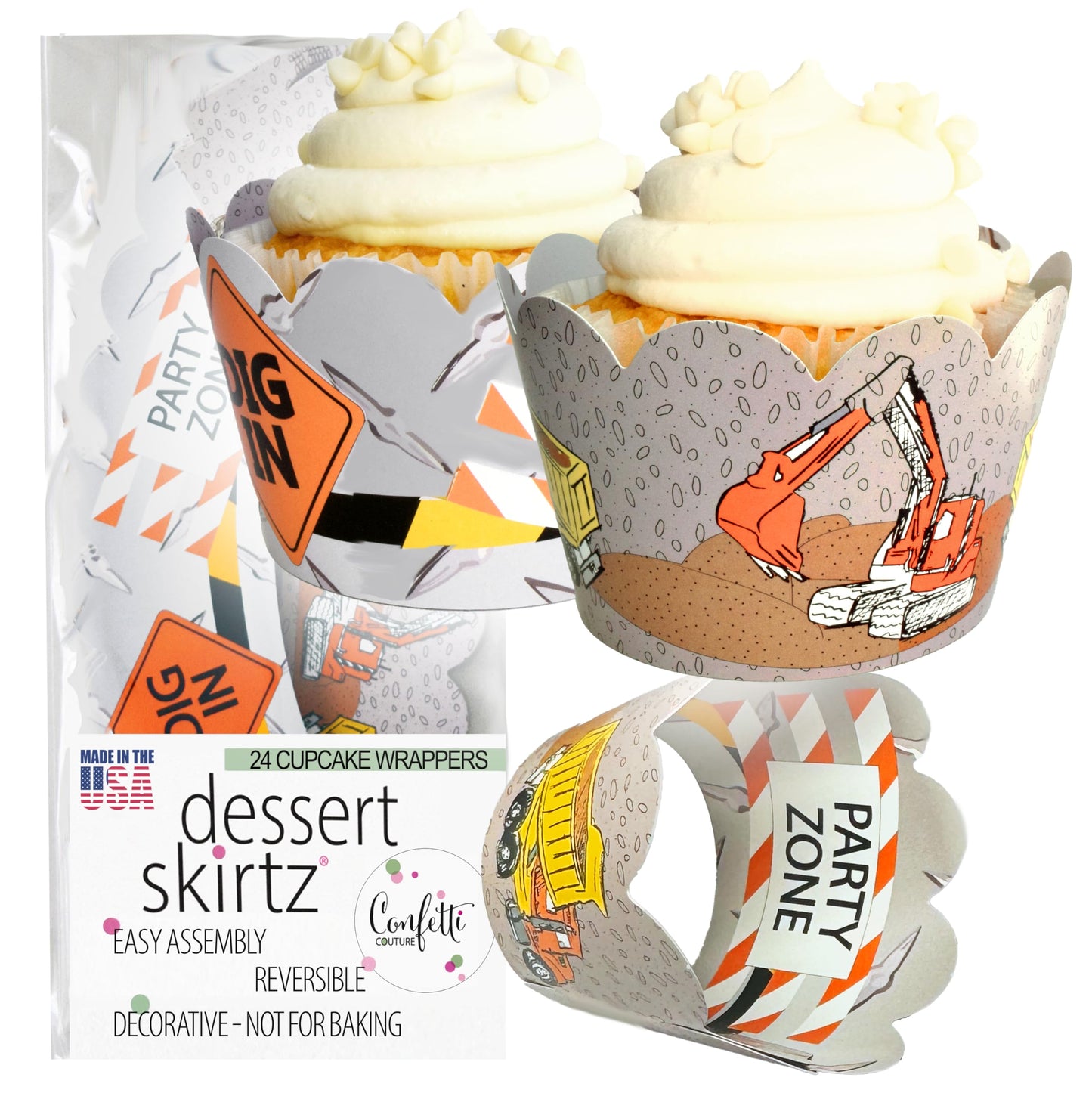 Cupcake Wrappers - Birthday Party Supplies Under Construction Bridal & Baby Shower Reversible Dessert Wraps - Caution Work Zone Builder Bob Patrol Toy (Dig In Dump Truck 24 Count)