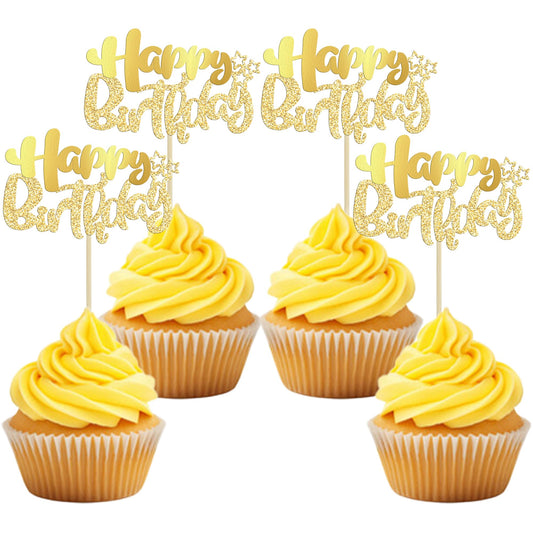 Gold Glitter Happy Birthday Cupcake Toppers - 24 ct