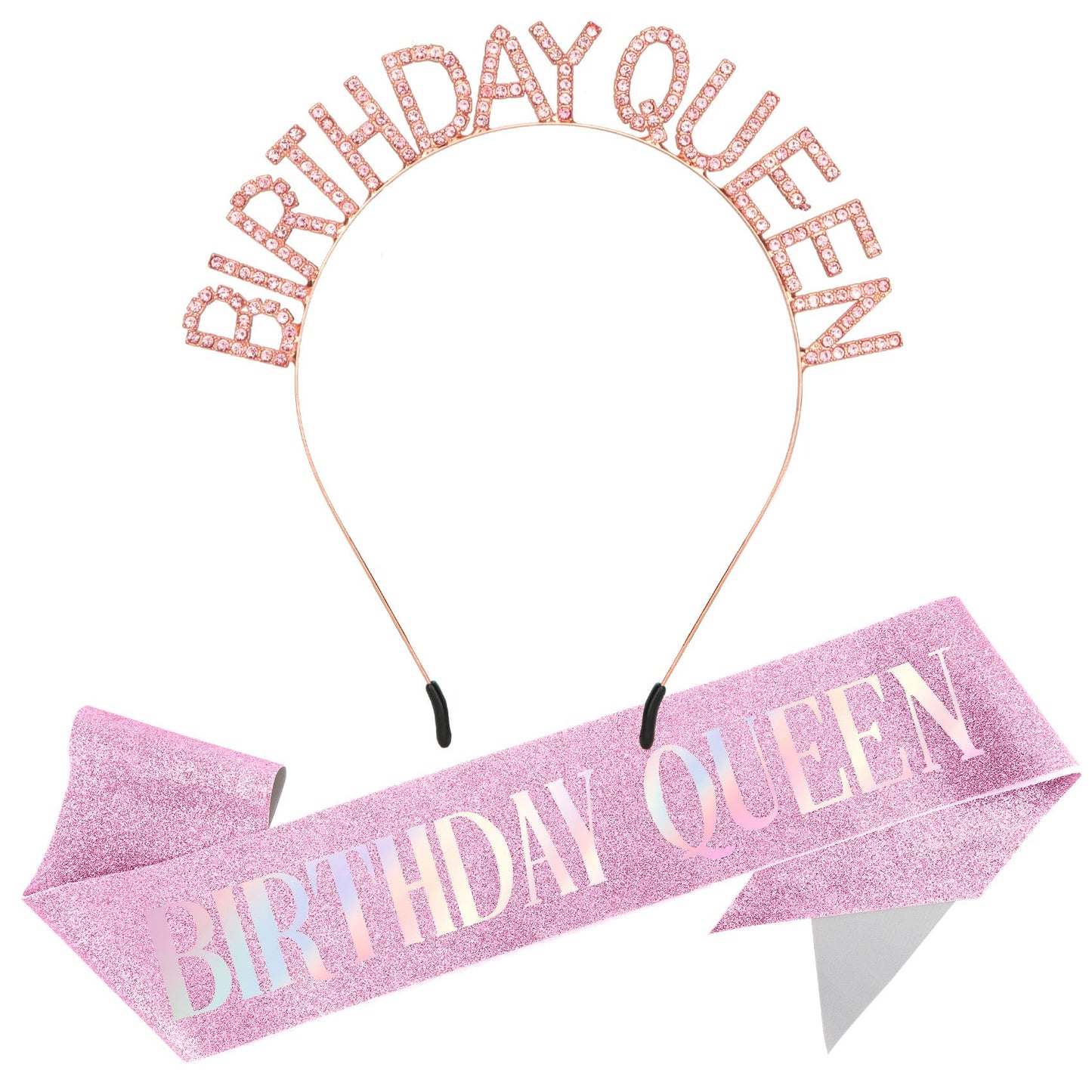 Birthday Queen Sash and Crown Set - Glitter Pink Rhinestone Headband Tiara Princess Accessories for Women