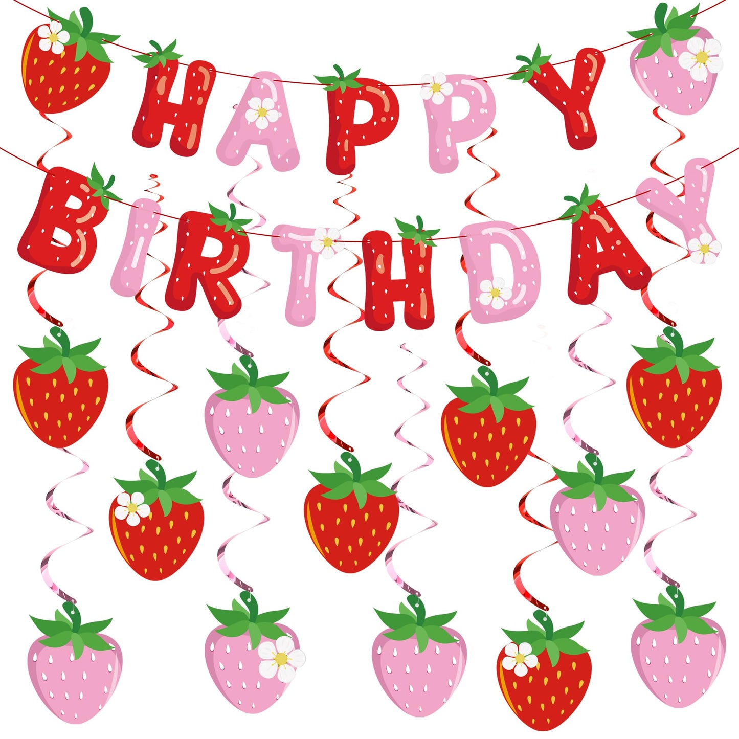 Strawberry Birthday Banner & Hanging Swirls Decoration Set – 50 Piece