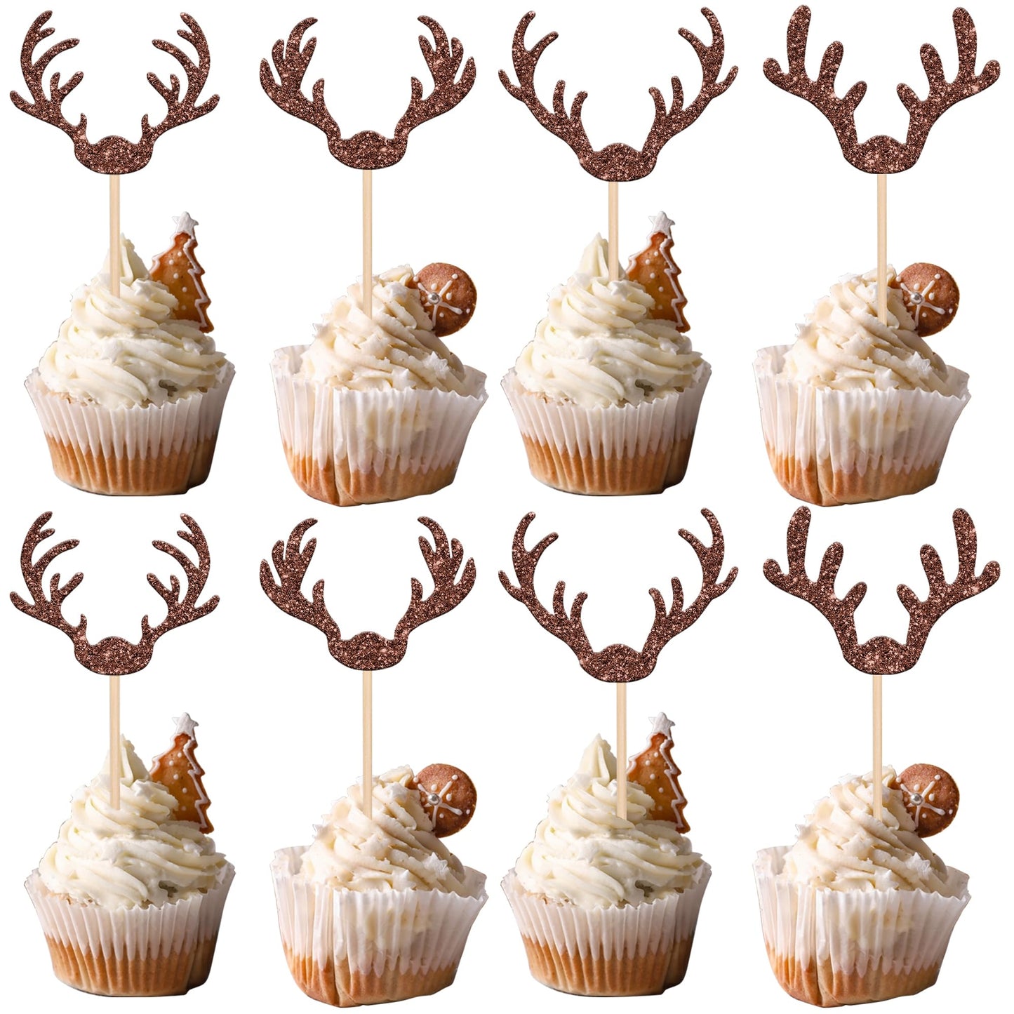 Christmas Deer Antler Cupcake Toppers – 24 Pack, Brown Glitter