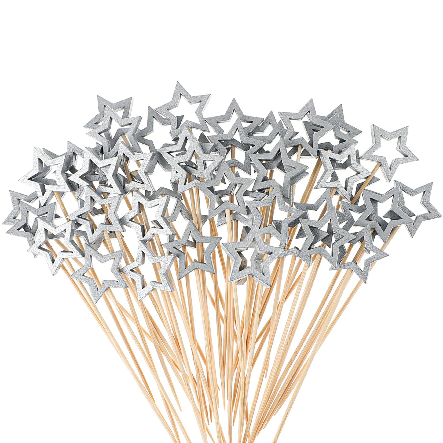 Dimeho 50 Pcs Silver Star Cocktail Picks 5.5 Inch Long Decorative Wooden Toothpicks Bamboo Cake Decoration Sticks for Appetizers Drink Garnish Fruits Skewer Party Christmas New Year Birthday(Silver)
