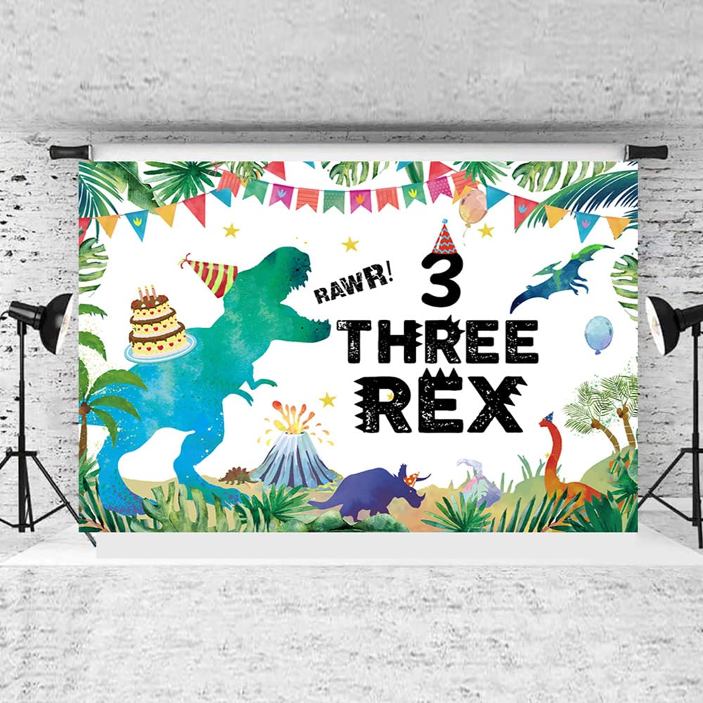 IIILUYOT Dinosaur Birthday Backdrop Three Rex Dinosaur 3rd Birthday Background T-Rex Dinosaur Birthday Party Supplies Birthday Party Extra Large Wall Banner for Kids 6x4ft