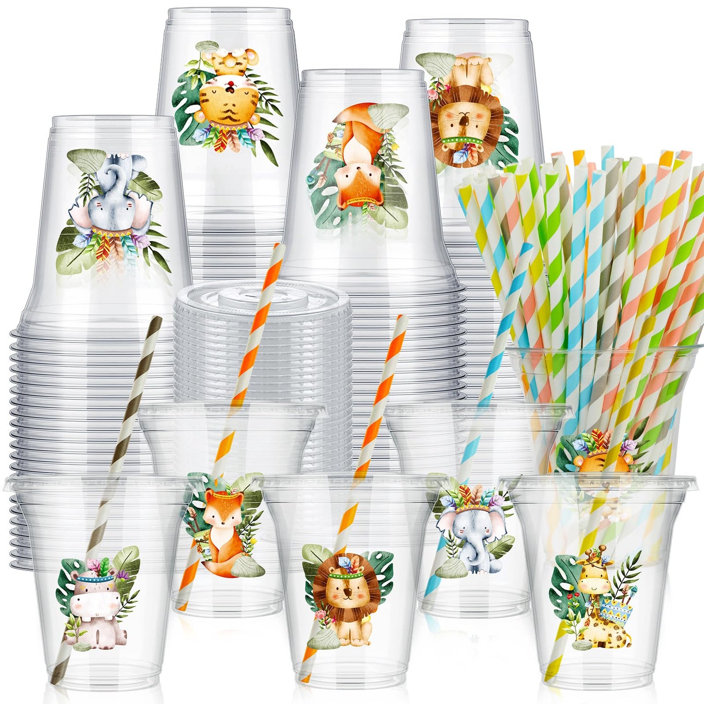 Jungle Safari Animal Party Cups with Lids & Straws - 36 ct