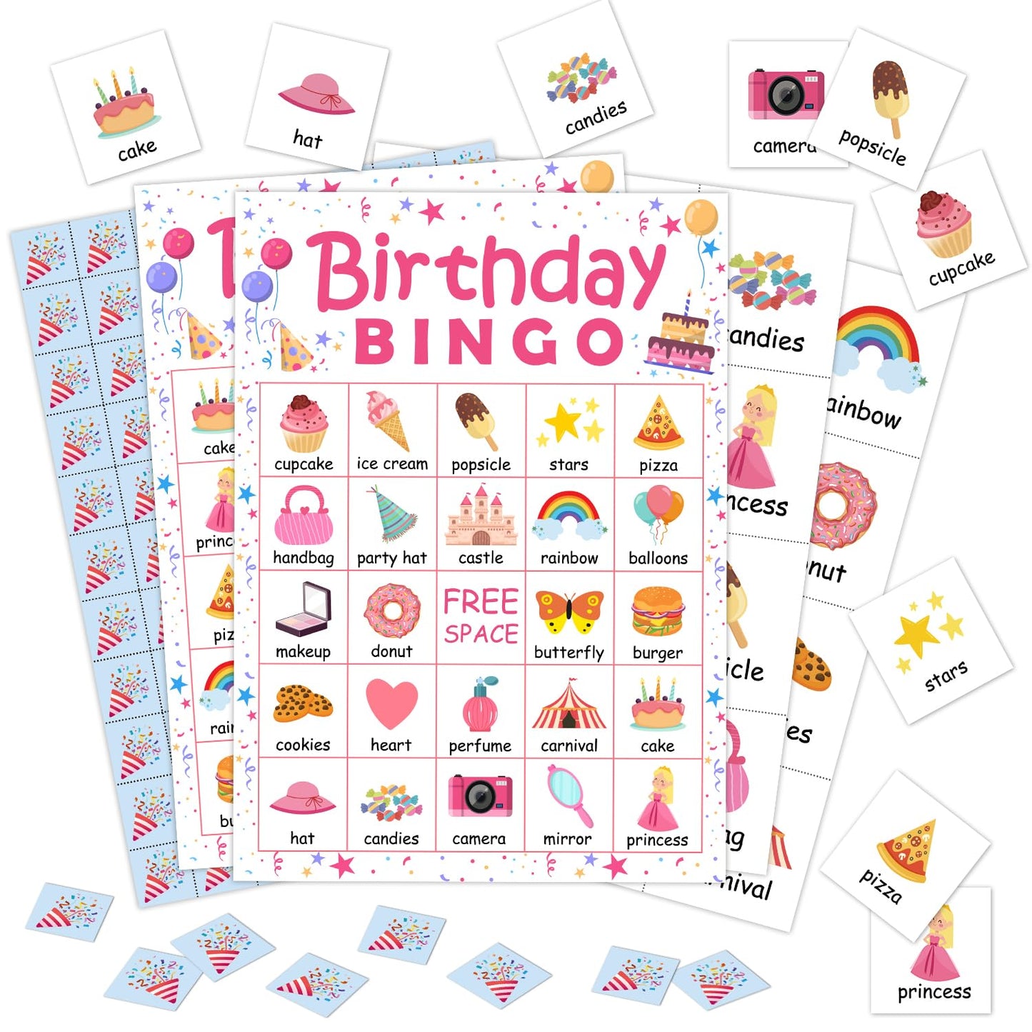 24 Players Birthday Party Bingo Game Cards Birthday Bingo Game for Large Group Princess Birthday Party Bingo Game Activity for Family Friend Adult Holiday -05