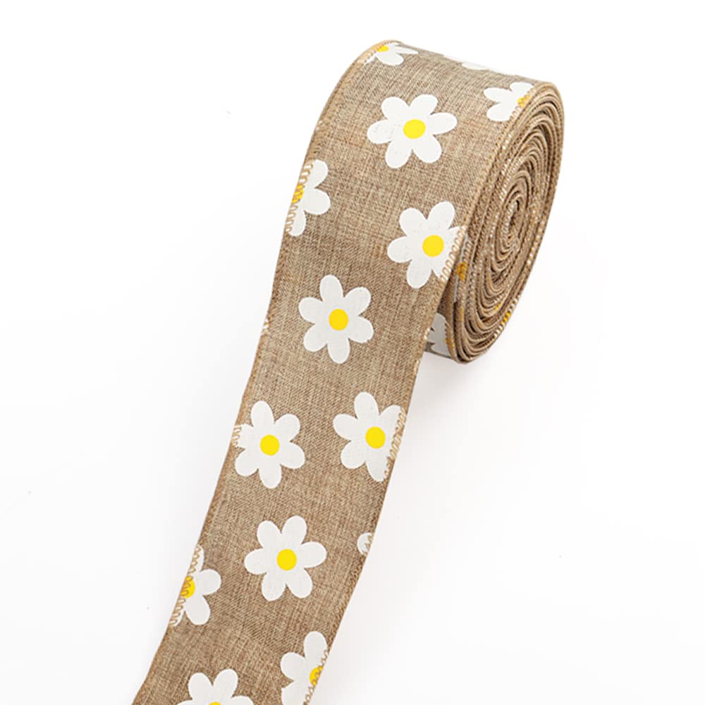 Flowers Fabric Ribbons 10 Yards Brown Daisy Flower Decor Ribbons Burlap Edge Wrapped Ribbon for Easter Gift Wrapping Home Party Decoration Tree Crafts Supplies - 2.5 Inch x 10 Yards x 1 Roll