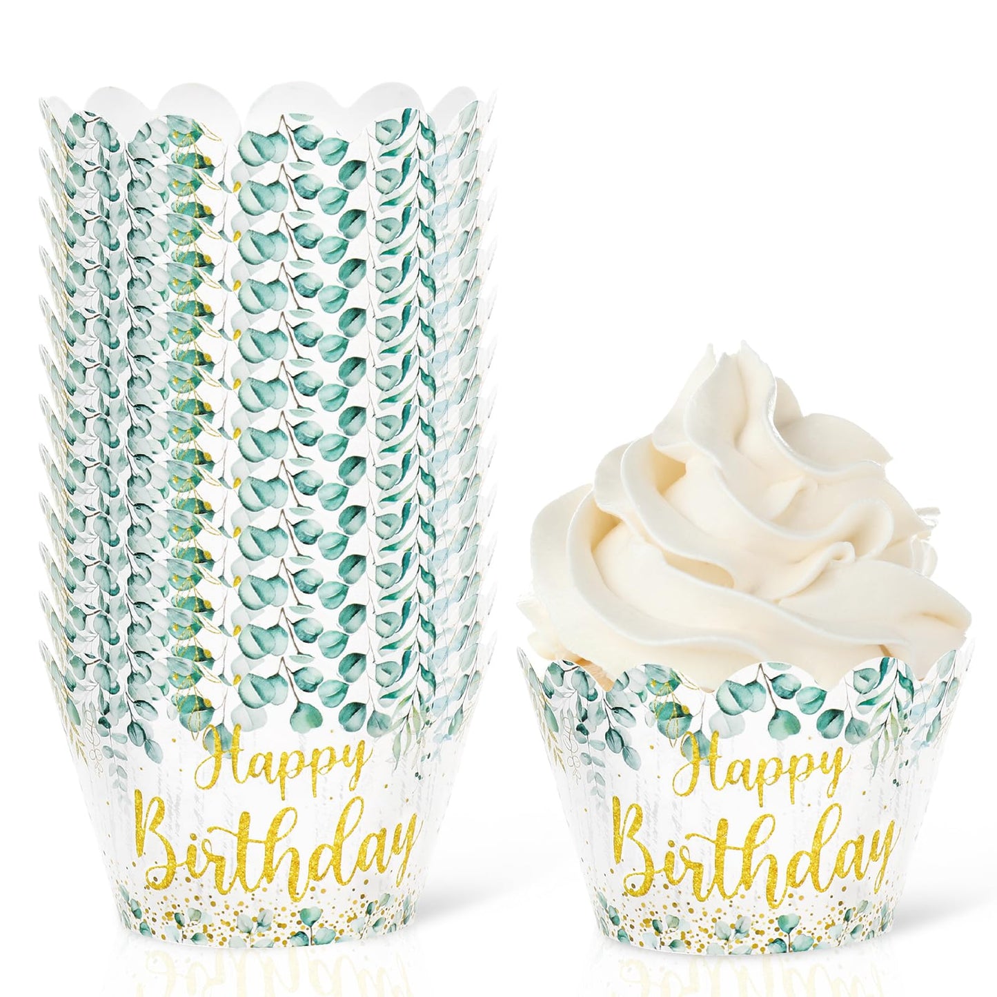 Whaline 36Pcs Happy Birthday Cupcake Wrappers Sage Green Eucalyptus Cupcake Liners Glitter Gold Birthday Decorative Cupcake Holders for Baby Shower Birthday Party Cake Decoration