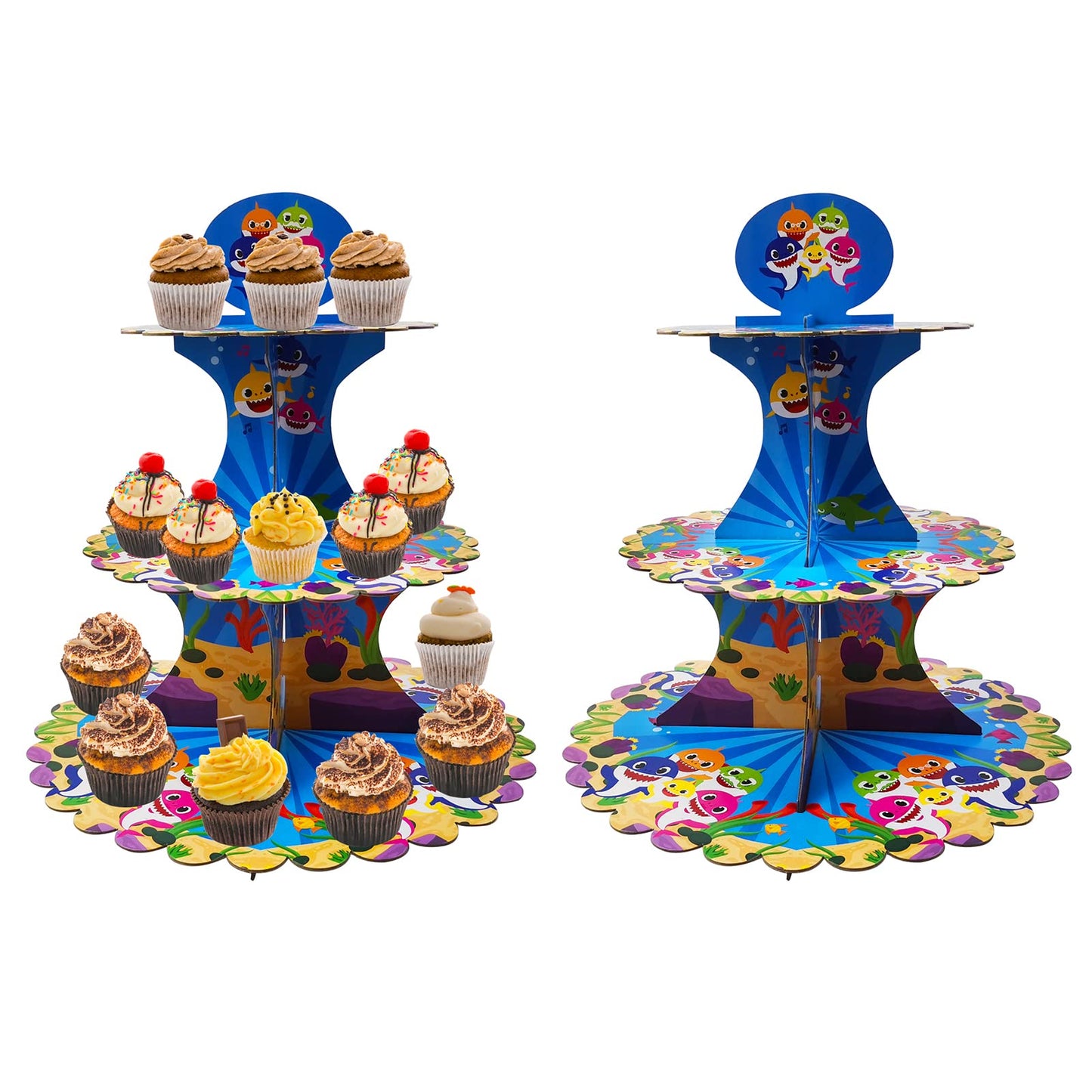 3 Tiers Cartoon Shark Cardboard Cupcake Stand Set of 2 Sturdy Dessert Candy Display Towel Holder Stand Reusable Party Wedding Birthday Cup Cake Stand Holder