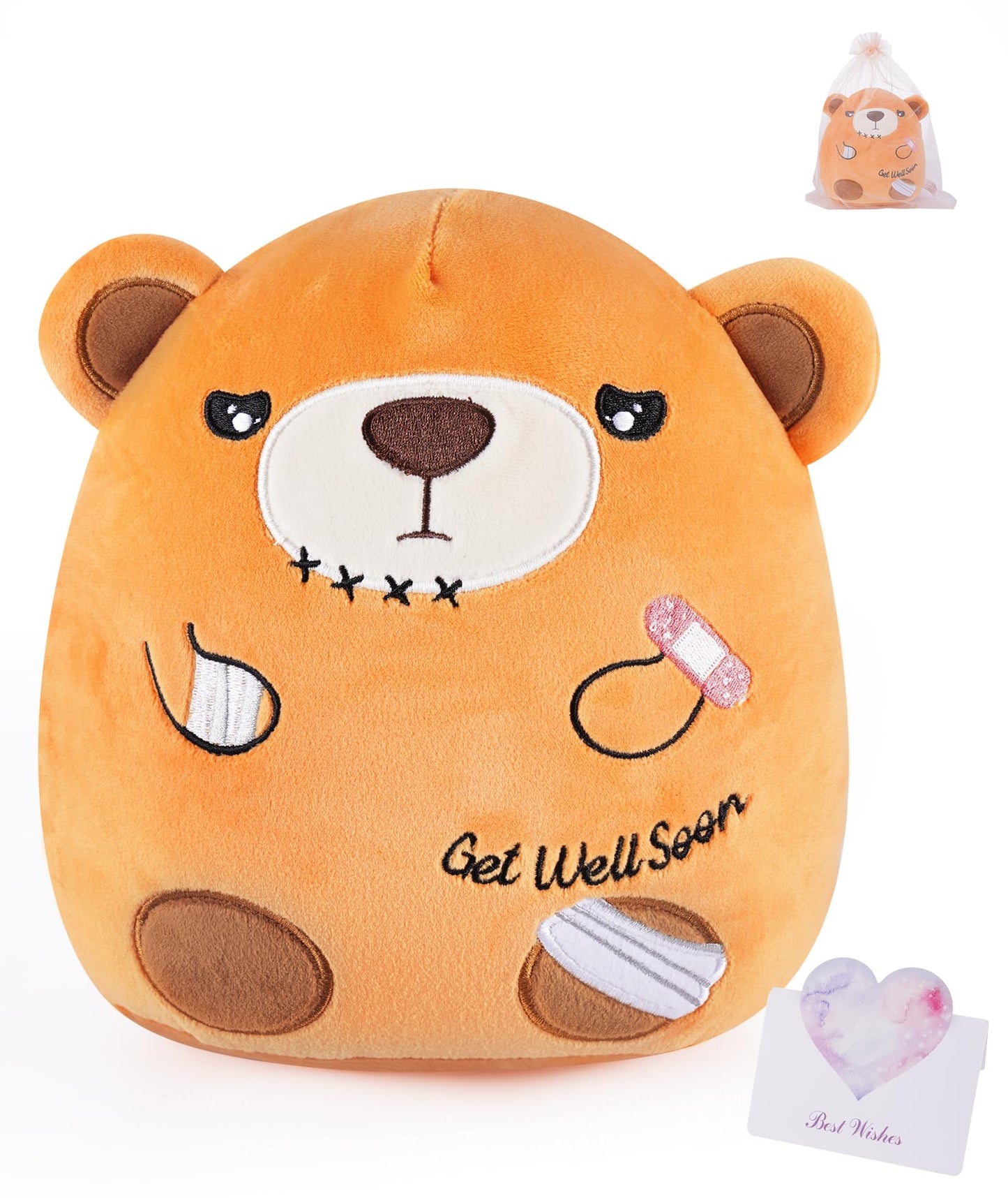 LeYoHa Get Well Soon Gift Bear - Teddy Bear Stuffed Animals with Band-Aid Kids Pillow Cushion Gifts for Patient Girls Boys Light Brown 8 Inch