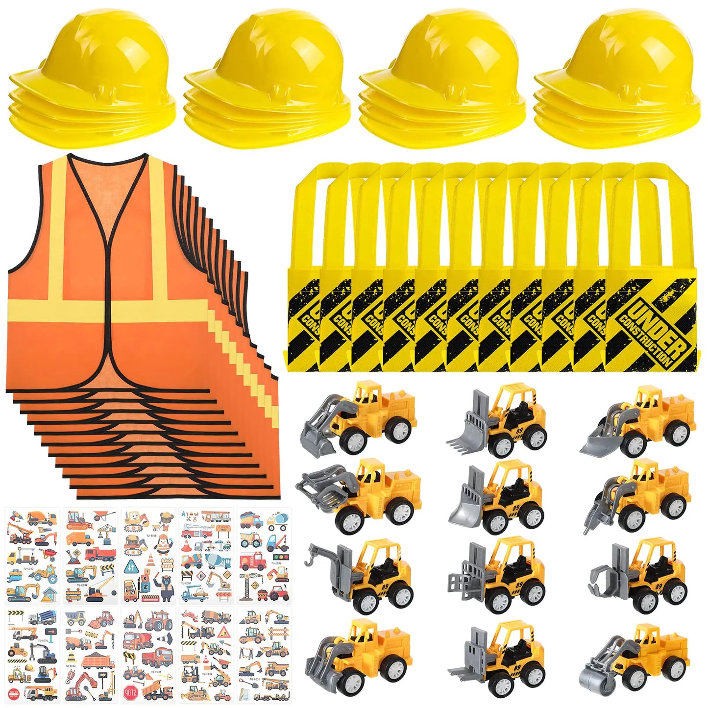 58-Piece Construction Dress-Up Party Set – Hats, Vests, Tote Bags, Mini Trucks & Tattoos
