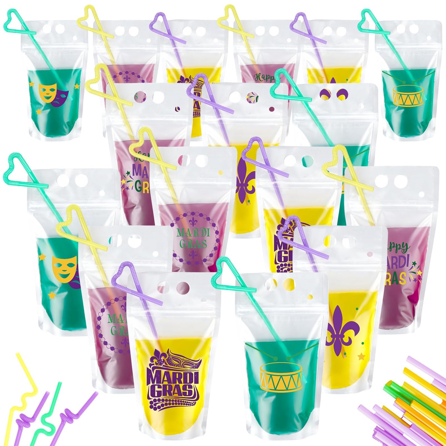 Mardi Gras Drink Pouches with Straws – 24 Set