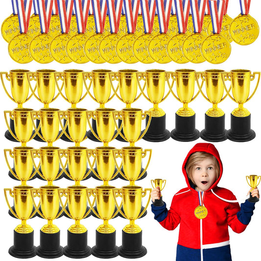 Fottaqqan 48PCS Mini Awards Trophies Cups Medals for Kids4inch Plastic Golden Trophy Medal SetParticipation Trophy for Winner Competition Sports Reward Party Favors