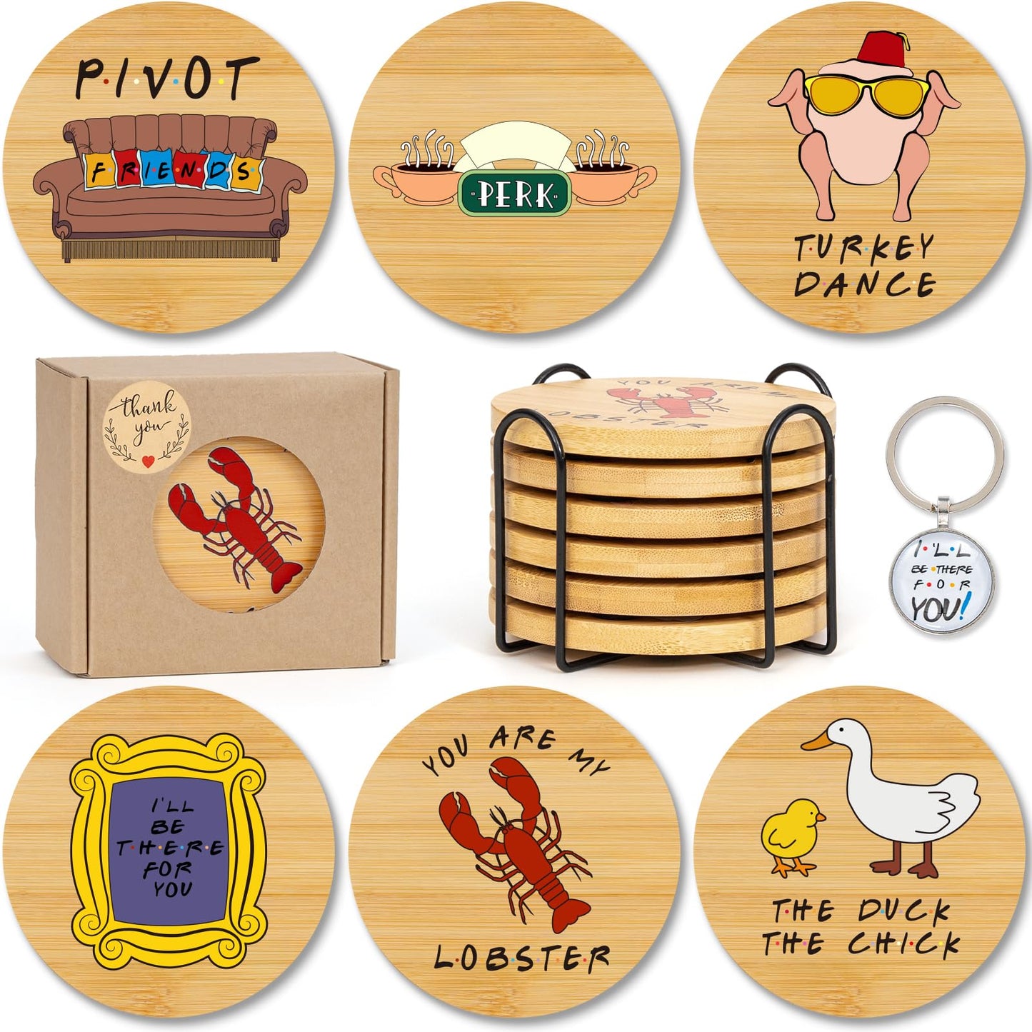 Friends Bamboo Wood Coasters Set Friends TV Show Merchandise Friends Gifts for Fans Friends Merchandise Gifts Set of 6 Friends Drink Coaster Set with Holder