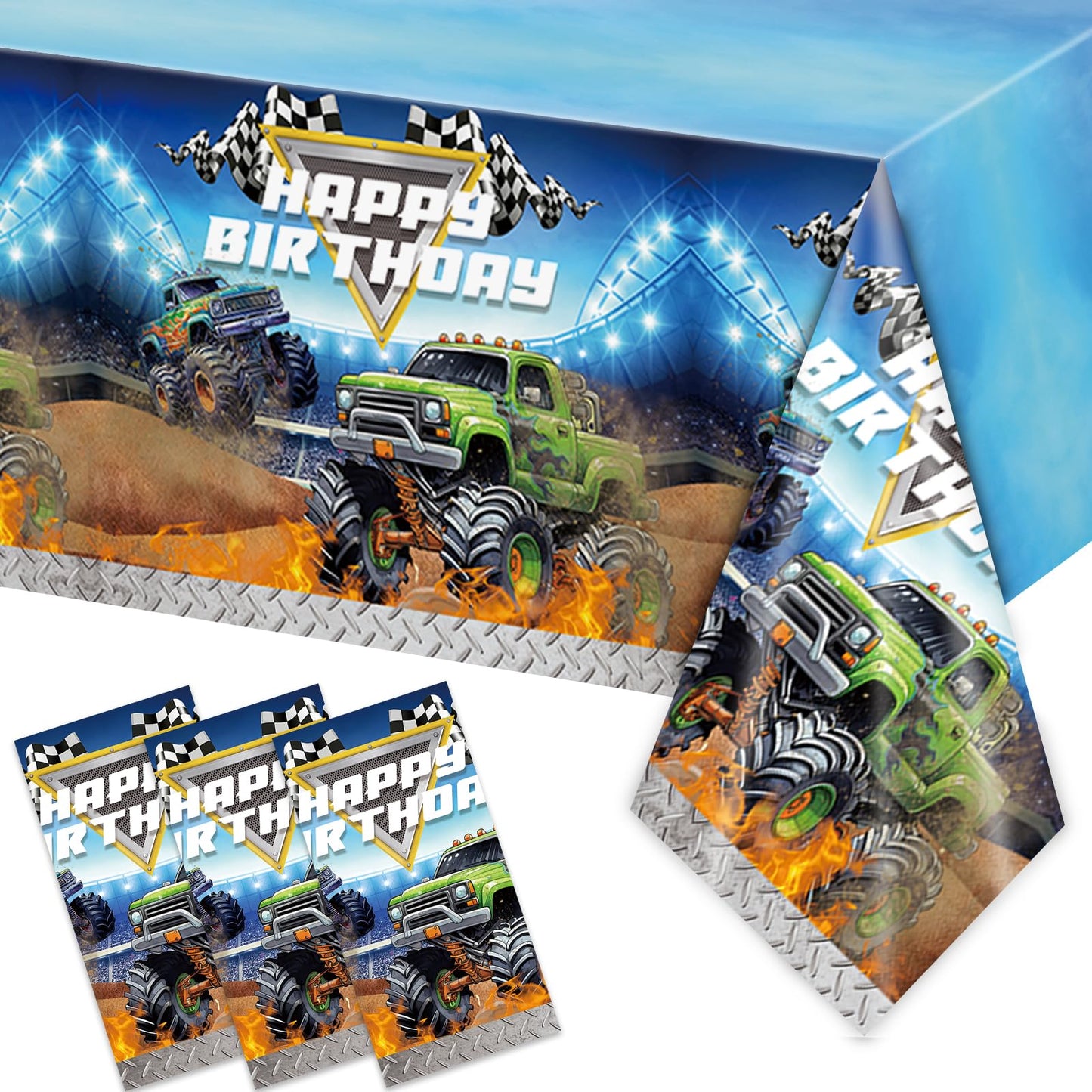 Alohafall 3PCS Monster Truck Birthday Tablecloths Monster Machines Jam Party Tablecloth Disposable Thickened Plastic Table Cover for Boy Kids 1st 2rd Birthday Party Decorations（54x108in）