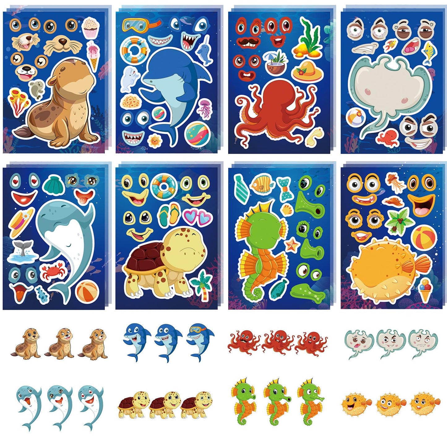 Ocean Animal Make-a-Face Sticker Sheets Party Favours – 24 Pack