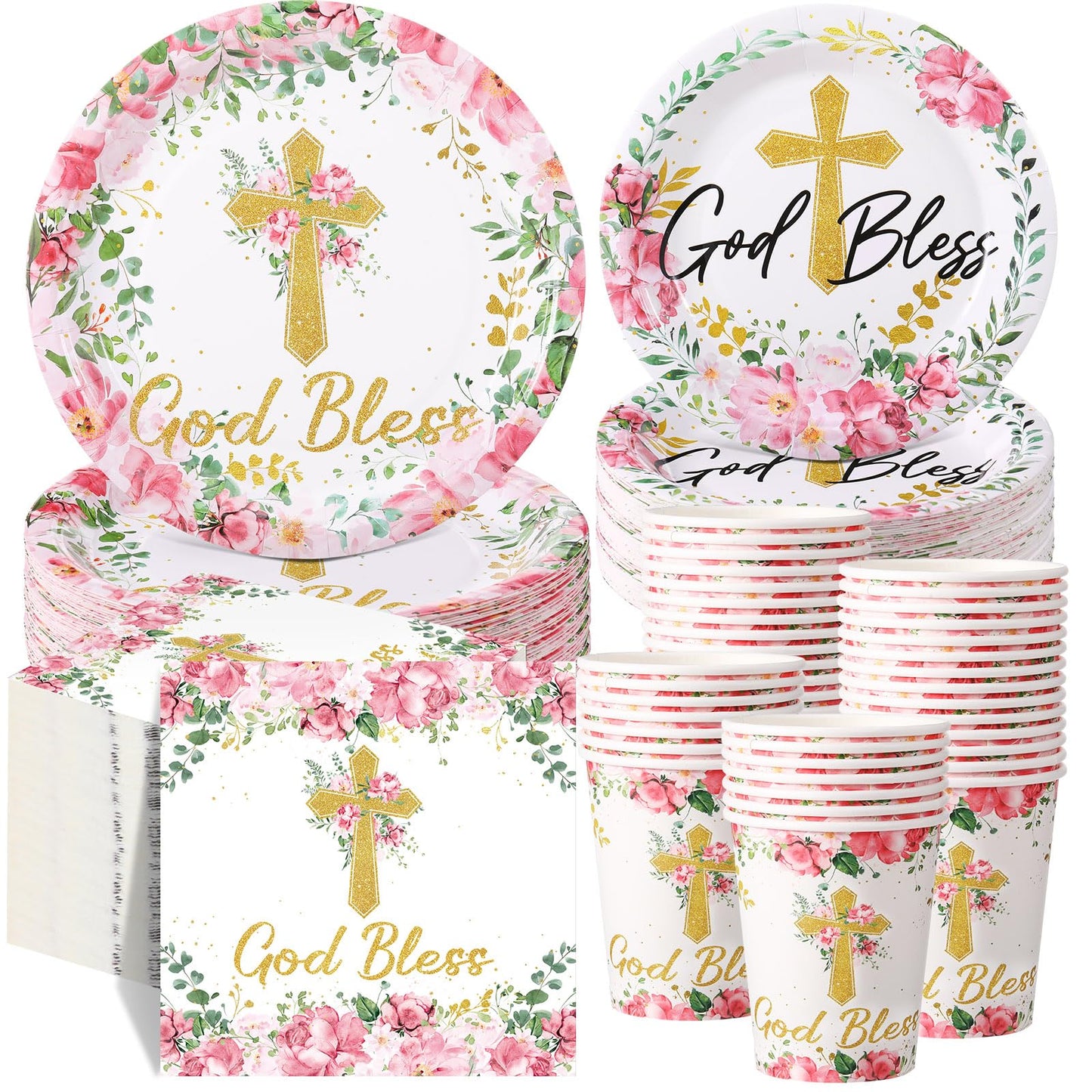 Pickmesh 250 Pcs Baptism Cross Disposable Tableware Set First Holy Communion Baptism Disposable Paper Plates Napkins and Cups for Christening Celebration Baby Shower Religious Party Supplies(Pink)