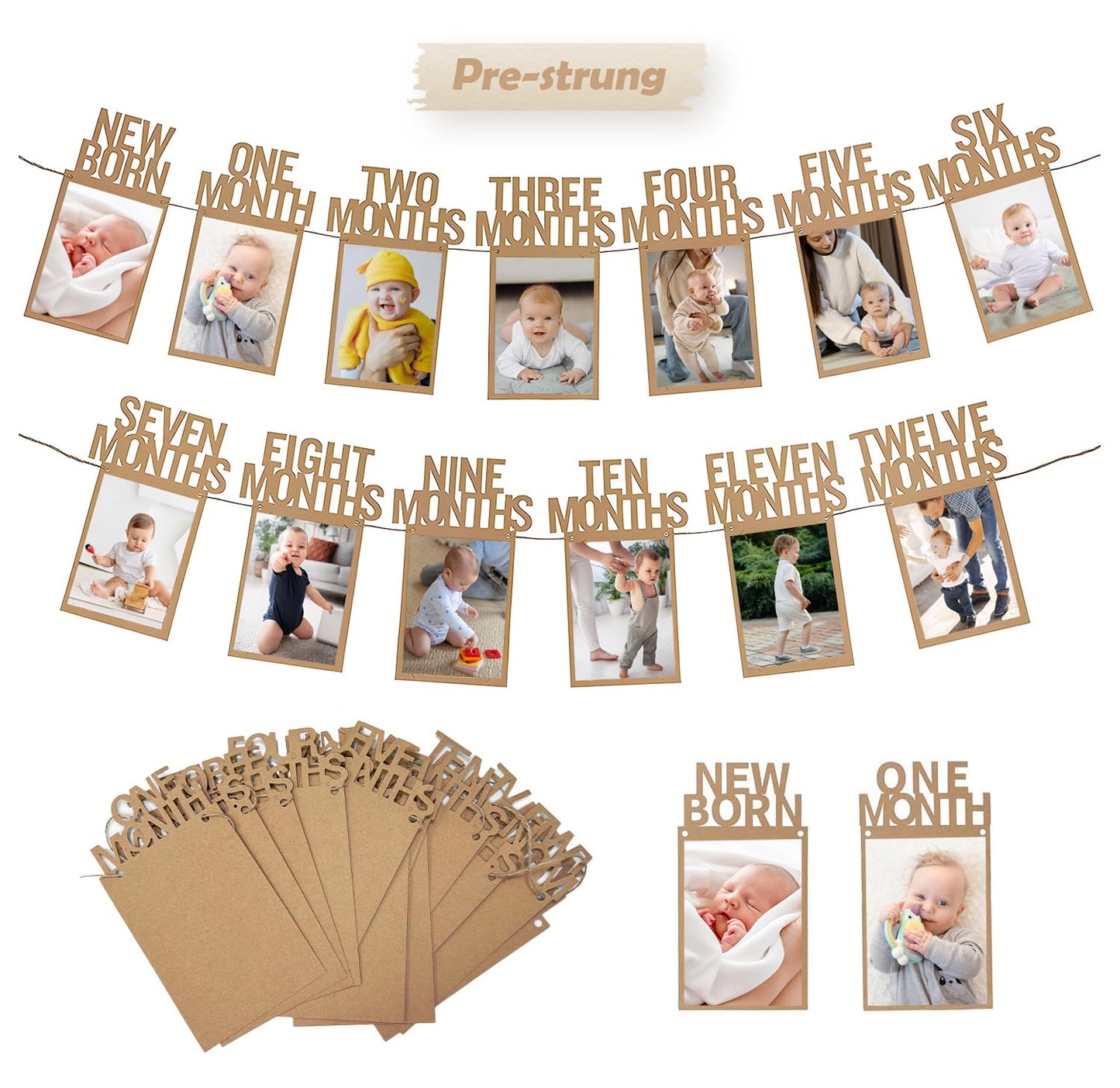 1st Birthday Photo Banner for Baby from Newborn to 12 Months First Birthday Decorations for Boys or Girls Pre-Strung One Year Old Birthday Photo Banner with Frame Monthly Milestones Garland (Kraft)