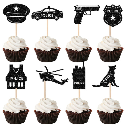 Police Glitter Cupcake Toppers – 24 Piece