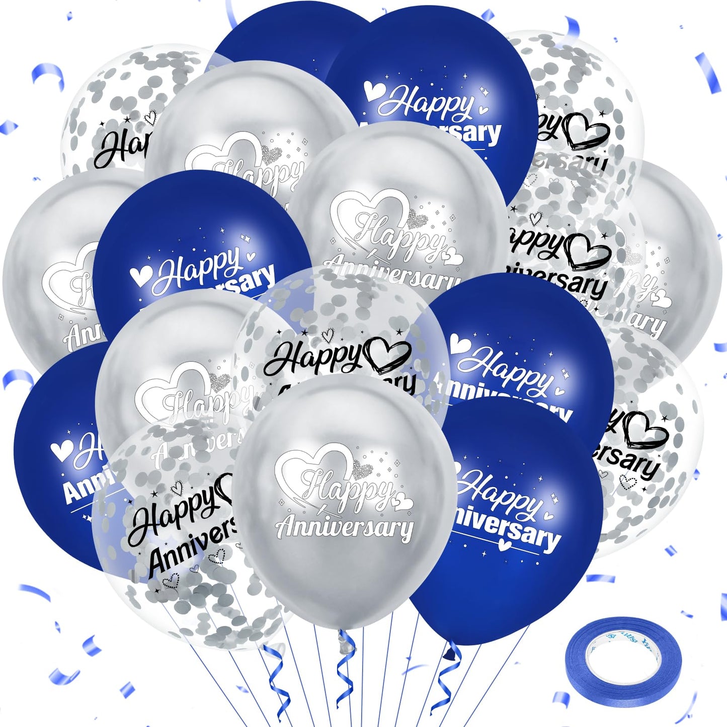 Woosytoo Happy Anniversary Balloons 18Pcs Blue Silver Anniversary Party Decorations for Women Men Blue Silver 12Inch Metallic Confetti Anniversary Balloons for Indoor Outdoor Party Supplies
