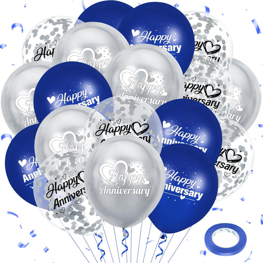 Woosytoo Happy Anniversary Balloons 18Pcs Blue Silver Anniversary Party Decorations for Women Men Blue Silver 12Inch Metallic Confetti Anniversary Balloons for Indoor Outdoor Party Supplies