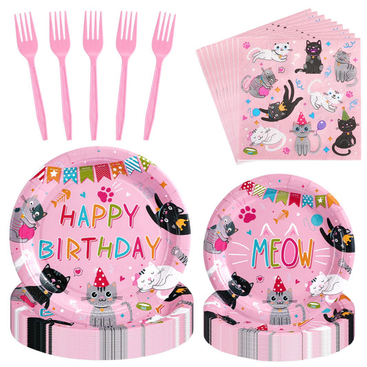 Cat Birthday Party Tableware Set Pink - 122 ct