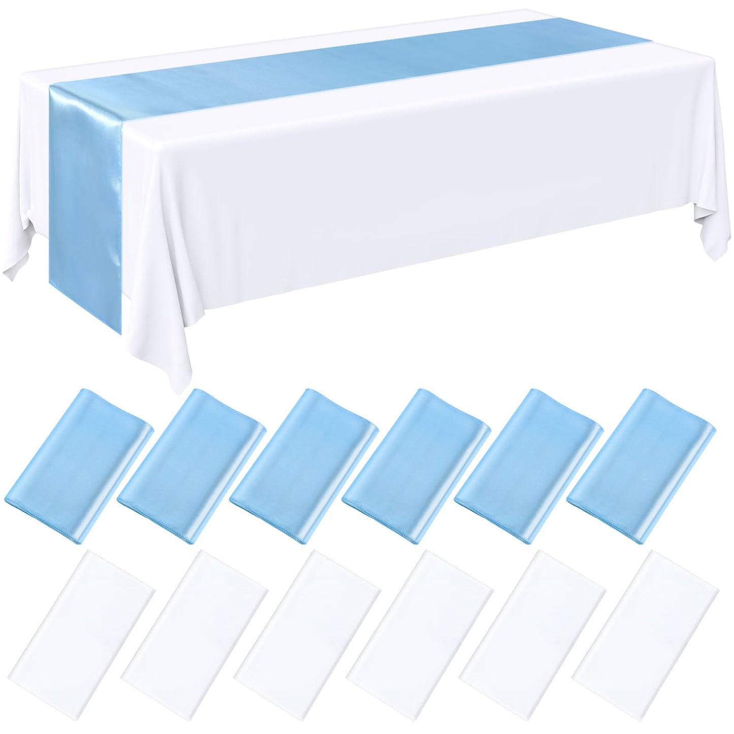 Tudomro 12 Pcs White and Blue Disposable Plastic Tablecloths and Satin Table Runner Set 54 x 108 Inch Tablecloth 12 x 108 Inch Table Runners for Wedding Baby Shower Birthday Party