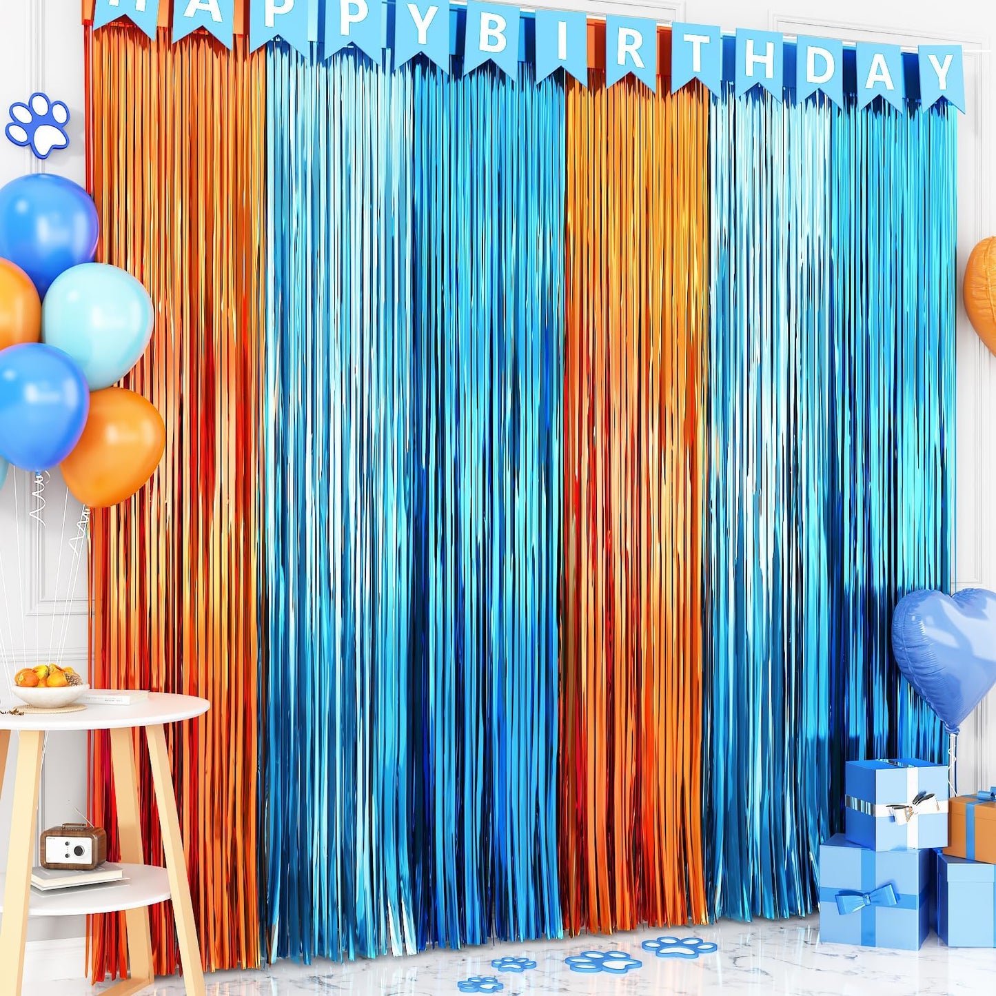 Blue Dog Character Foil Fringe Backdrop Curtains – 2 Pack