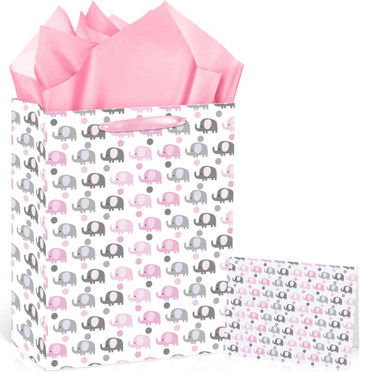 Large Pink Elephant Gift Bag with Tissue Paper & Card