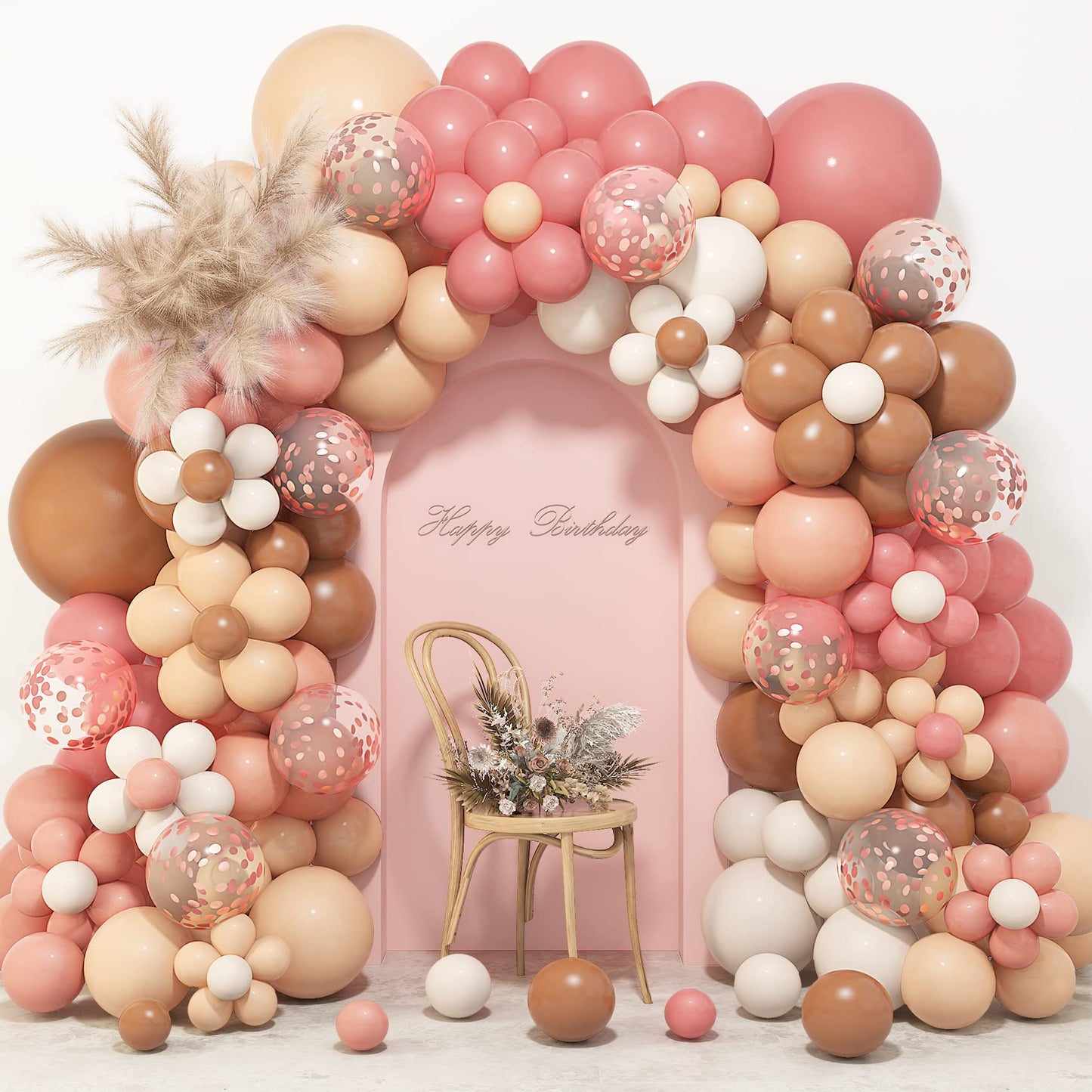 Amandir Boho Daisy Balloons Garland Kit Retro Dusty Pink Blush Brown Nude Long Twisting Flower Balloons for Two Groovy Birthday Baby in Bloom Baby Shower Party Valentines Day Decorations Supplies