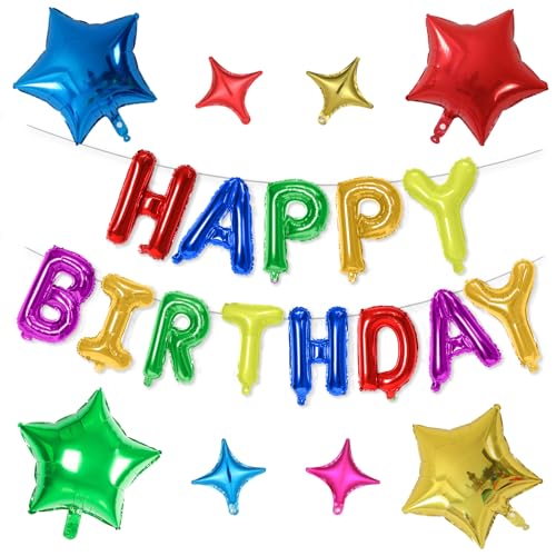 Colourful Happy Birthday Foil Letter Balloon Banner with Star Balloons – 16 Inch